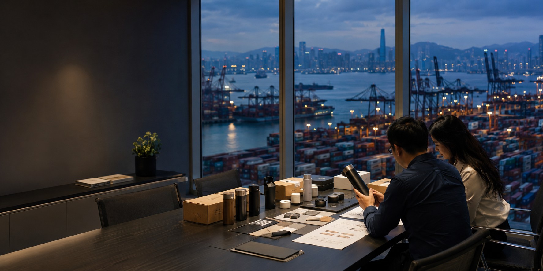Professional sourcing meeting overlooking a working container port in Shenzhen